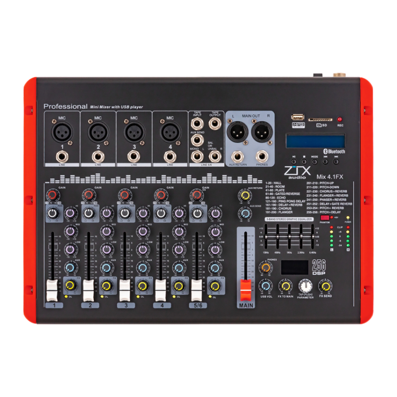 ZTX AUDIO Mix 4.1Fx микшерный пульт 4моно, 1стерео, MP3/SD/DSP/BT